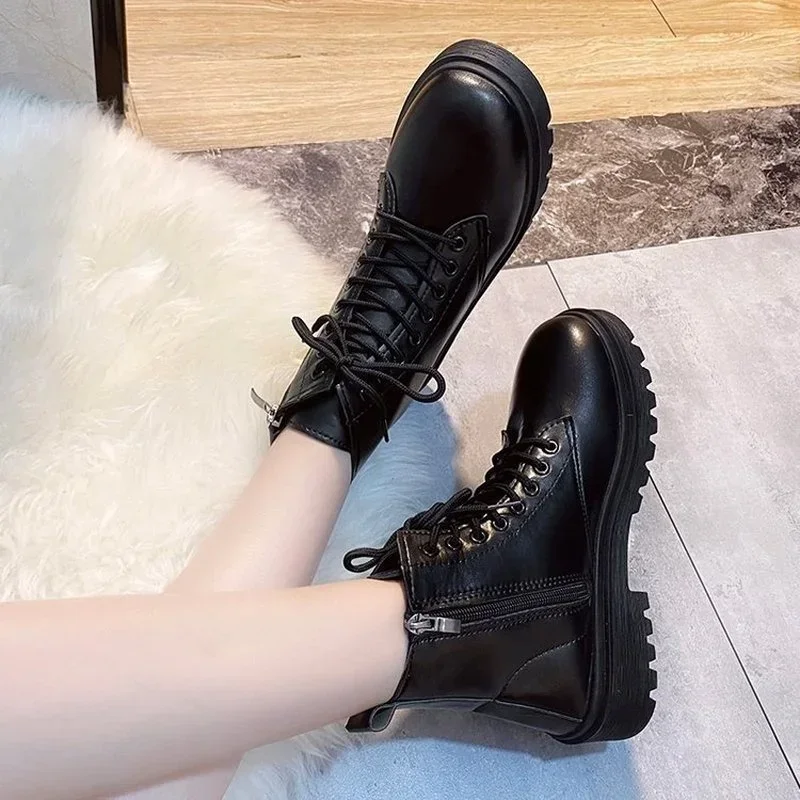 Chelsea Ankle Boots  Handsome Lace-up Motorcycle Boots Net Red Thick-soled Casual Round Toe  Boots Women Chelsea Boots