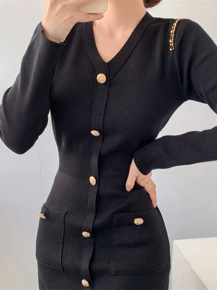 New Autumn Winter Women\'s Knitted Dress Korean Fashion Slim Sexy V-Neck Temperament Black Long Sleeved Sweater Mini Dress