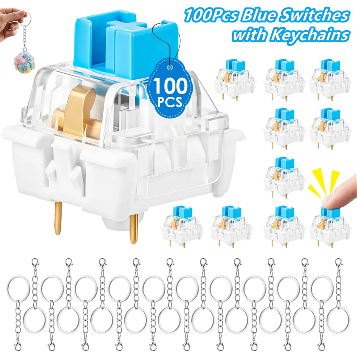 100Pcs Blue Clicky Mechanical Keyboard Switches with 20 Keychains Kit for 3D Printed Fidget Clicker Stress Relief EDC Toy DIY