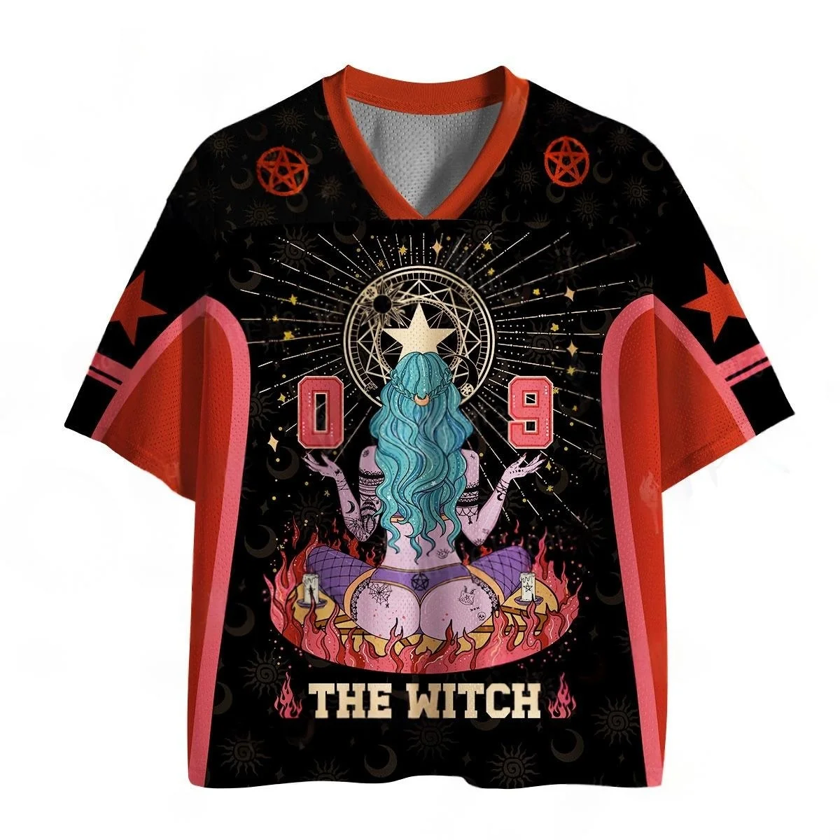 The Witch Number 09 Football Jersey Pentagram Magic Circle Fire Print Black Red Gothic Halloween Sports Tee