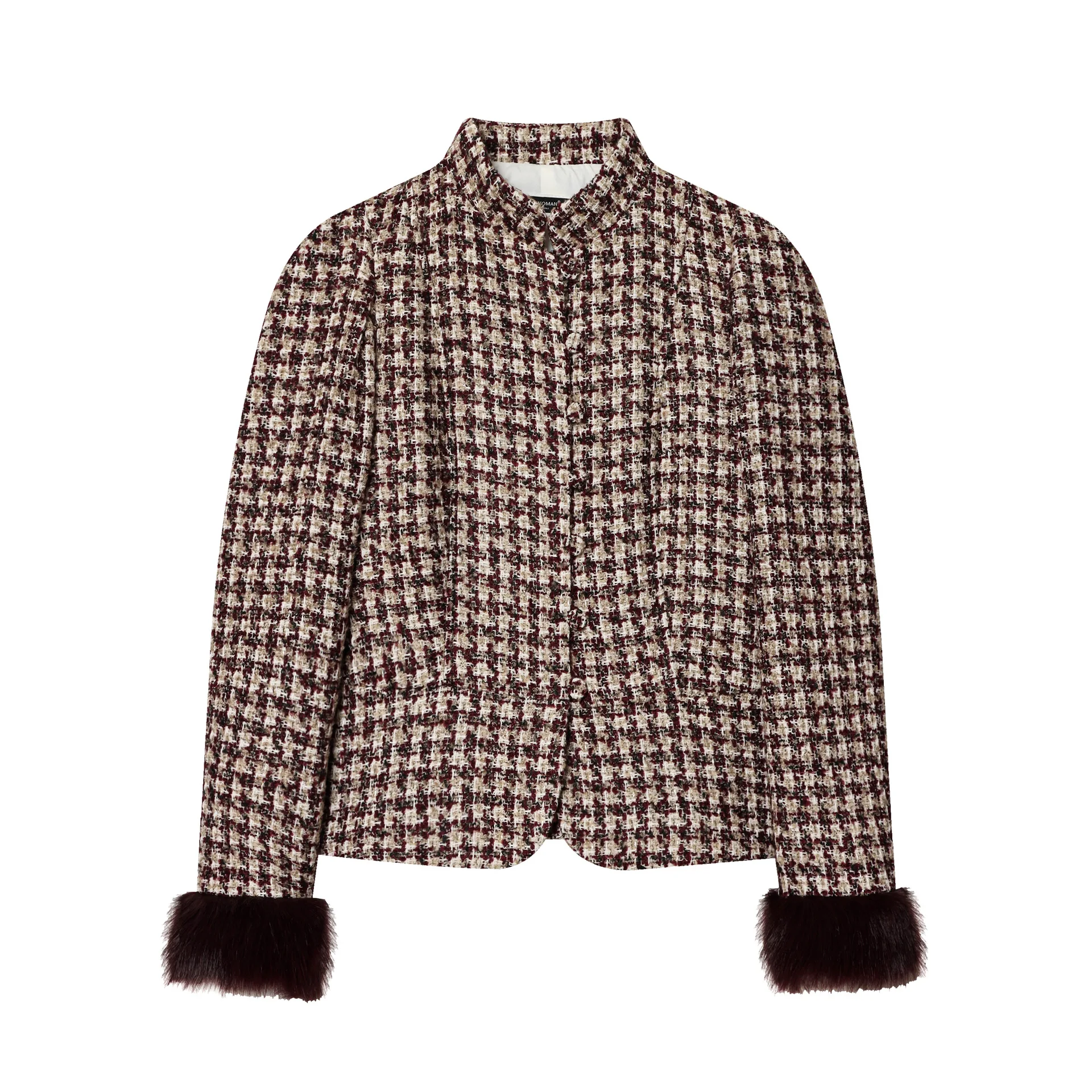 

Модная женская твидовая куртка с воротником-стойкой, элегантное пальто с длинными рукавами и манжетами из искусственного меха, новинка весны 2026, однобортная верхняя одежда в уличном стиле