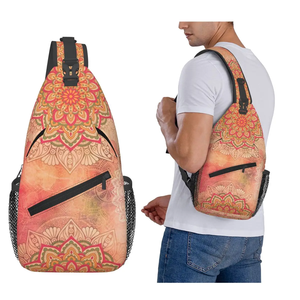 Bohemia Ethnic Mandala Flower Pattern Chest Bag Men Sling Crossbody Backpack Chest Bag Traveling Hiking Daypack Shoulder Bag