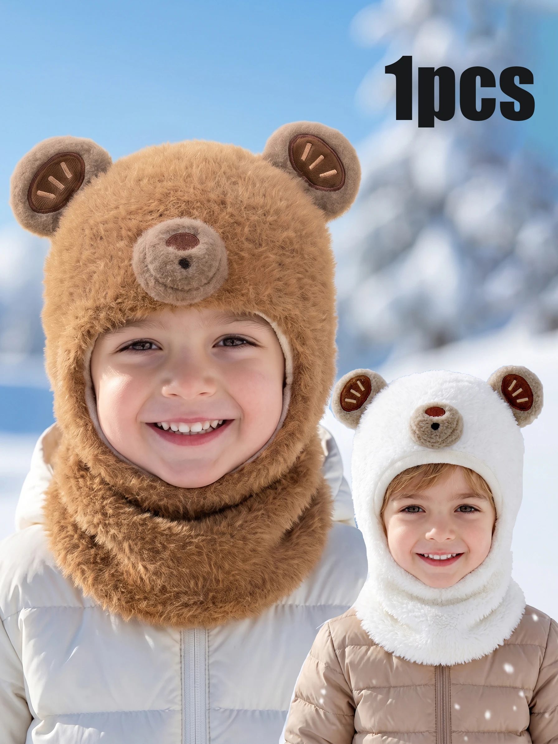 1pcs Cute Boys Kids Knit Balaclava, Cartoon Bear Earphone Decor Soft Thin Integrated Cap