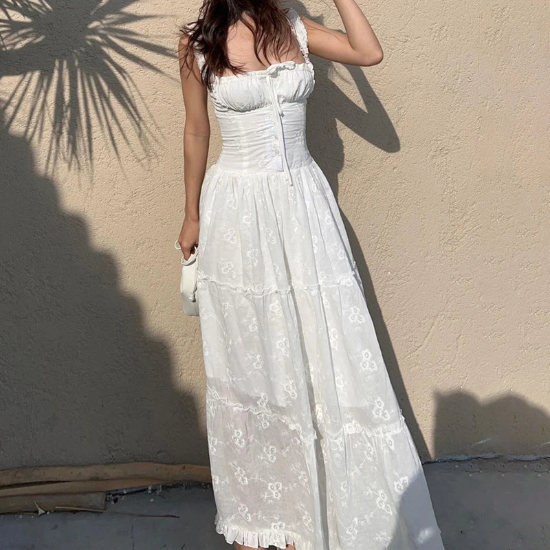 

Ticketsx White Ruffles Lace-Up Square Collar Maxi Dress Women Fashion High Waisted Long Dress Summer Vacation Sling Beach Dress