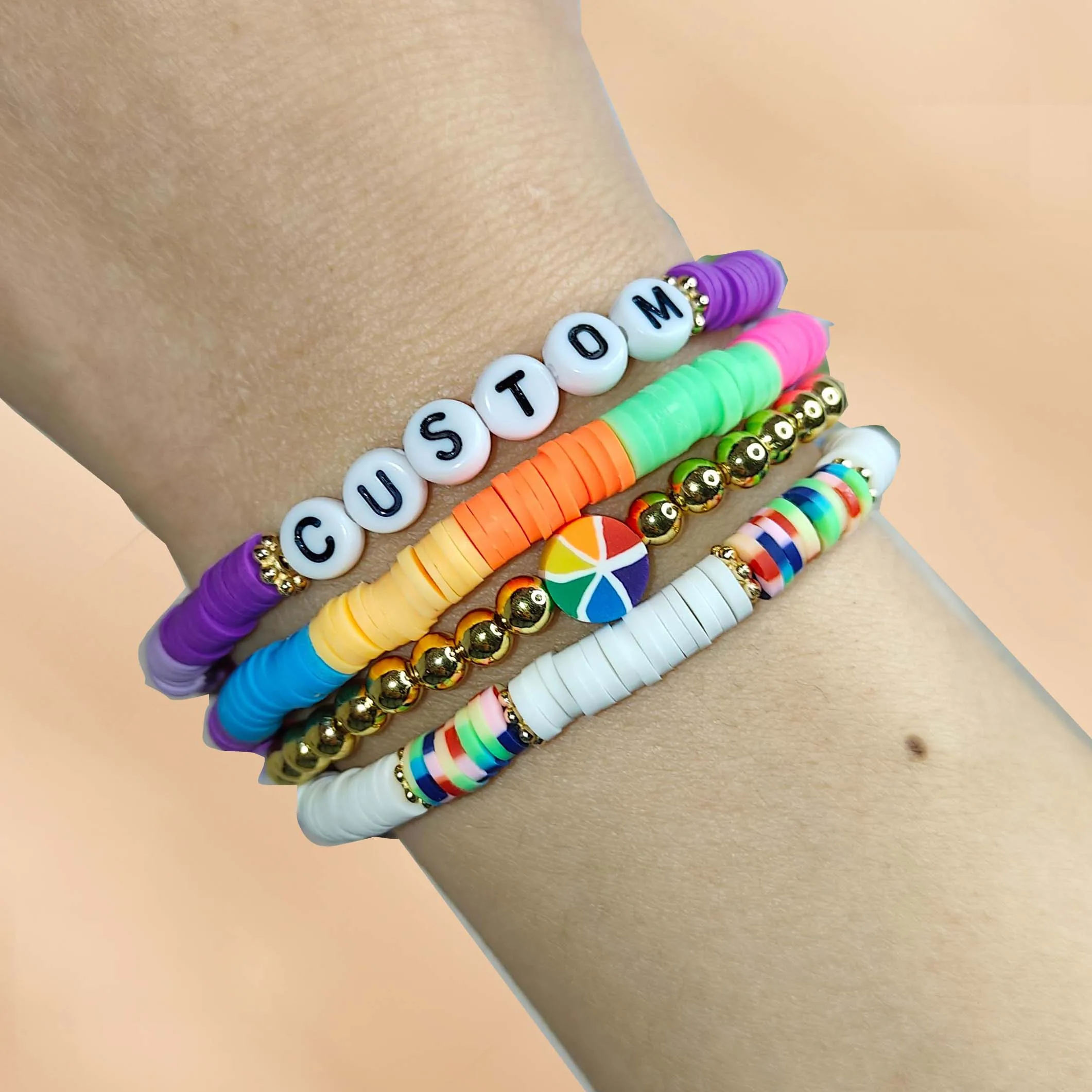 

Customed Handmade Passionate Beach Summer Bohemian Colorful Soft Pottery Name Bracelet Jewelry For Women Girl Friends Gift