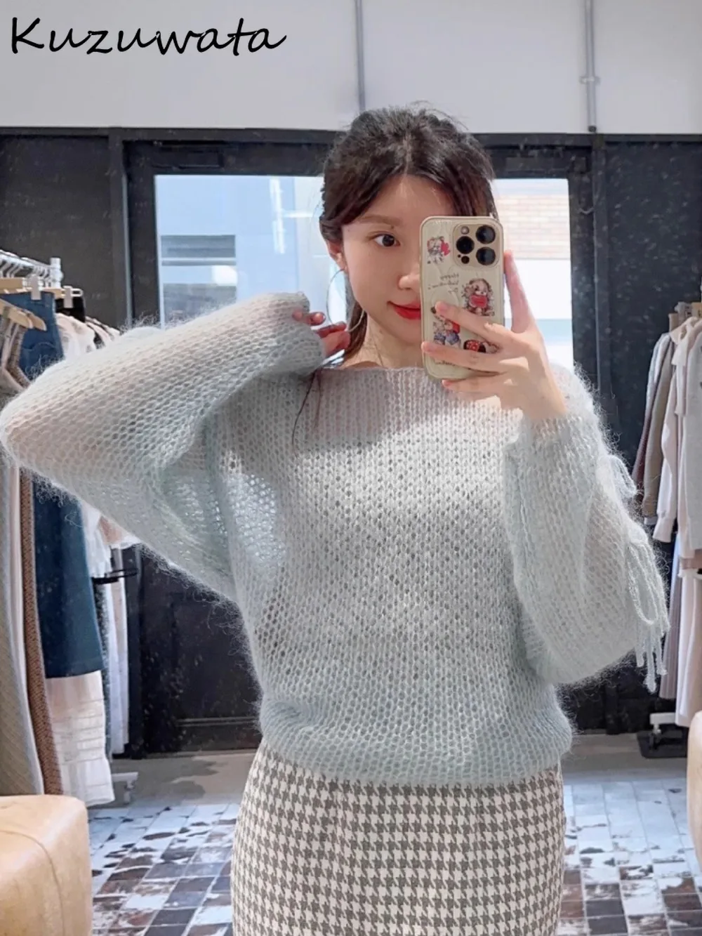 

Kuzuwata Minority Summer New Hollow Out Cardigan Solid Loose Lace Up Knit Sweaters Japan Lantern Sleeve Off Shoulder Sweet Mujer