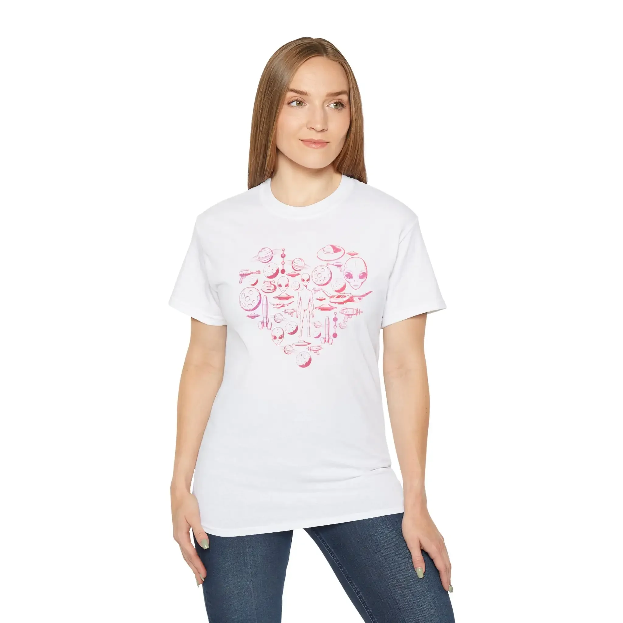 Camiseta de algodón con diseño de OVNI, nave espacial, plato volador, pistola de rayos y corazón lindo para el Día de San Valentín
