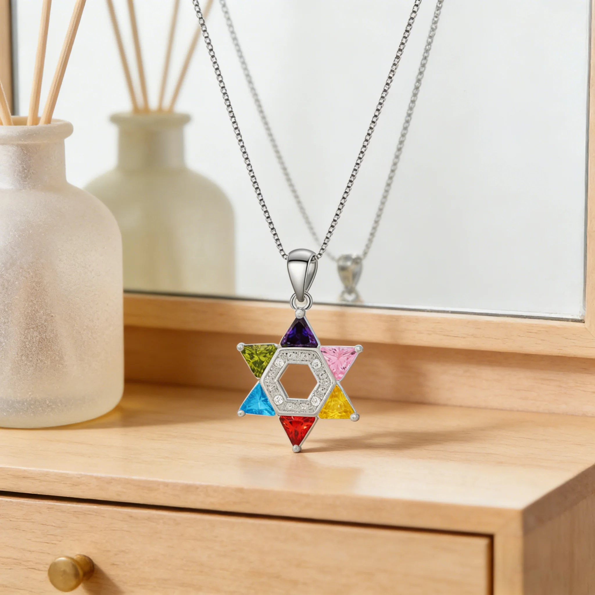 Bunte Davidstern-Anhänger-Halskette für Frauen, zierliche Hexagramm-Halskette mit Zirkonia, trendiger Boho-Schmuck als Geschenk für – Detail 5