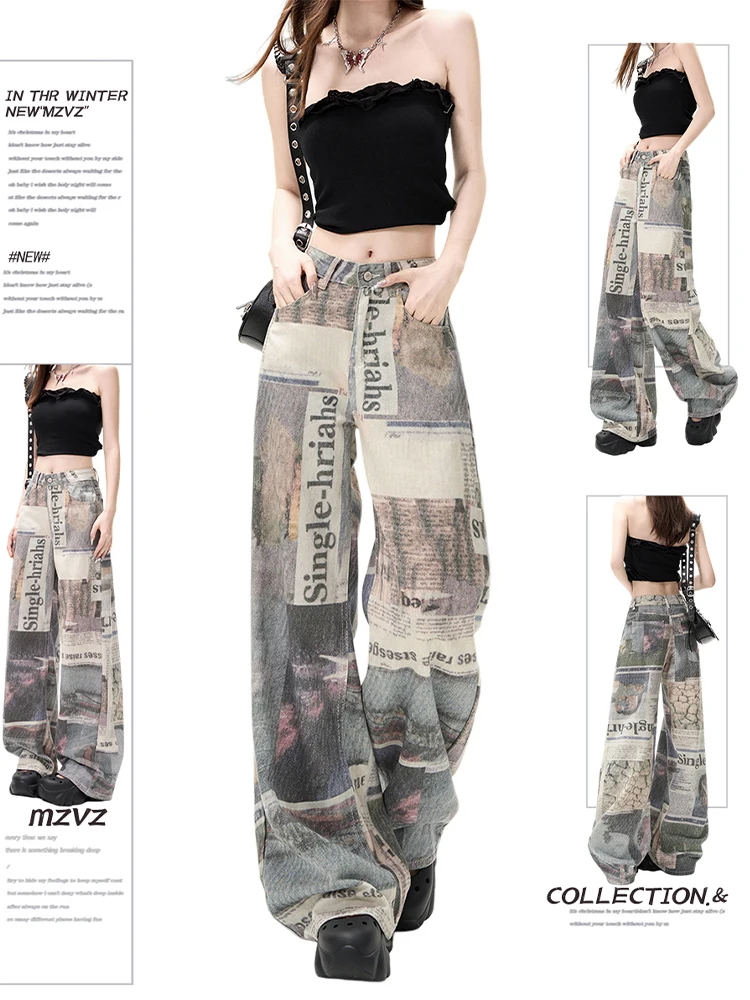 

Winter Women's Denim Pants Print Grunge Y2K Baggy Jeans Harajuku Cowboy Mom Jeans Japanese Wide Fit High Quality Low Rise Design