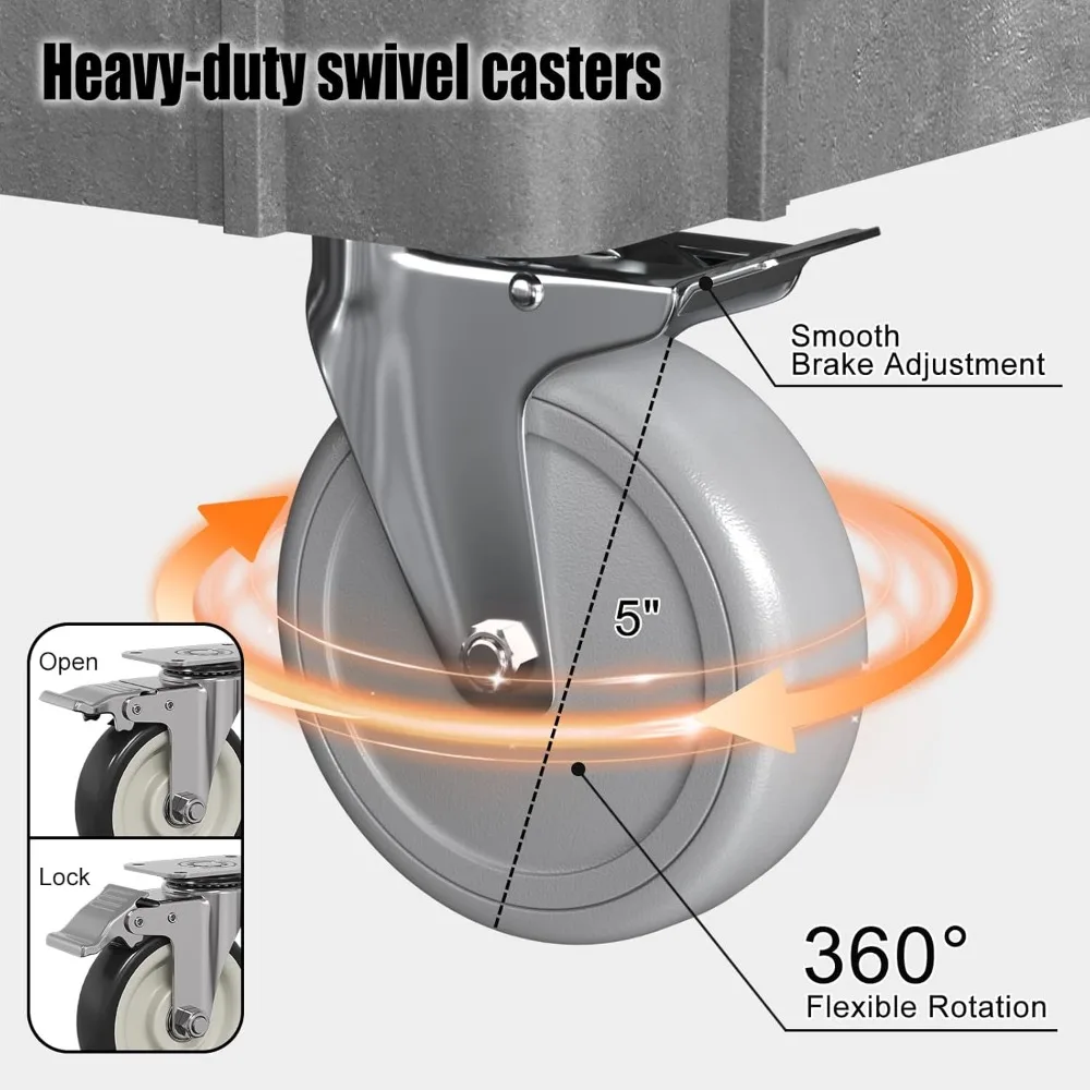 عربة أدوات بلاستيكية شديدة التحمل ذات رفين مع مقبض مريح و5 عجلات دوارة للمرآب وتخزين الأدوات