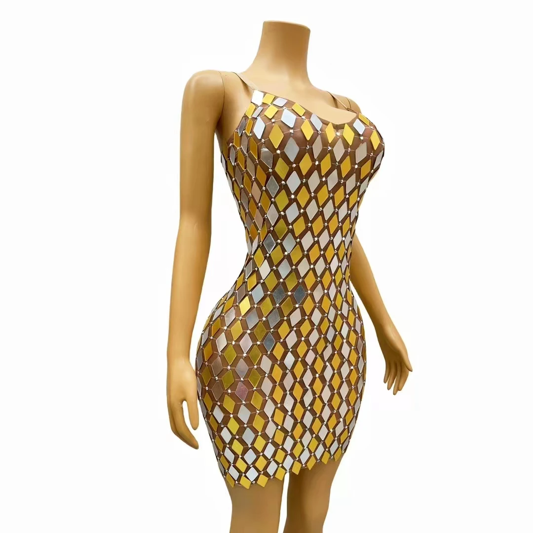 Sexy Slim Gold Short Skirt Crystal Rhinestone Mesh Fabric Nightclub Club Party Stage Costumes Women's Performance Costumes