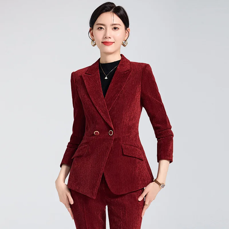 Wine Red Suit Women's Autumn2024New Gold Velvet High-Grade Business Wear Elegant Formal Clothes Overalls