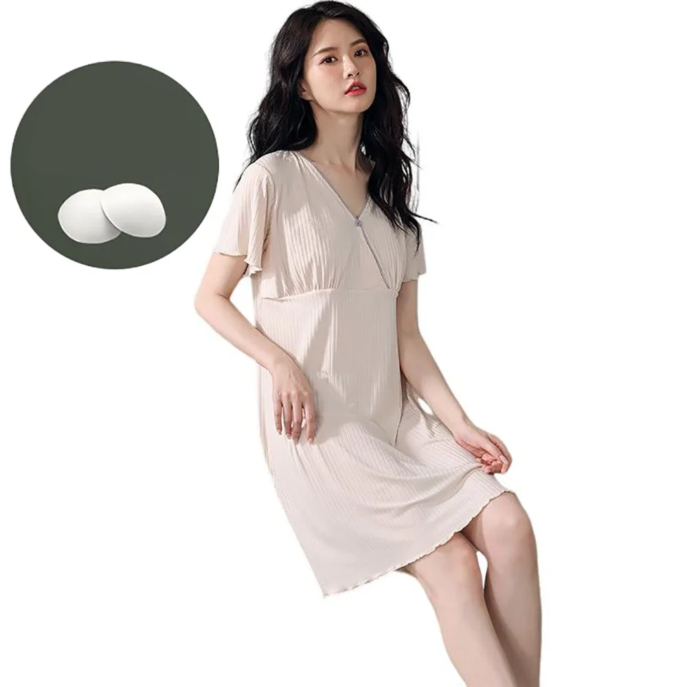 Women\'s Nightgown Plus Sized Short Sleeve V-Neck Nightshirts Solid Color Loose Pajamas Dress With Pad Casual Sleepwear