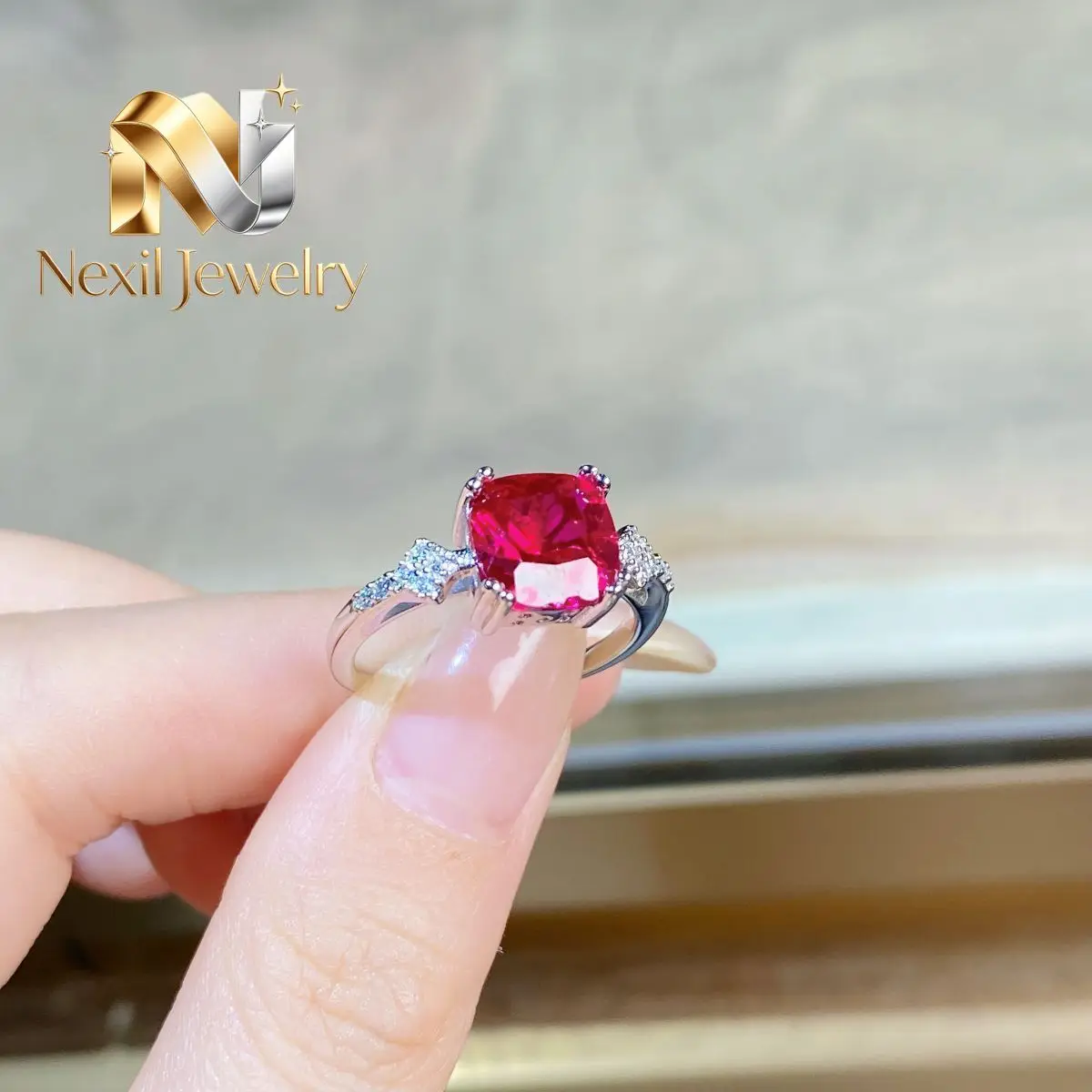 Nexil Jewelry  Luxury Solid Platinum PT950 Women's Pigeon Blood Diamond Ring Red 3 karat Square Bag Red Corundum Square Moissan