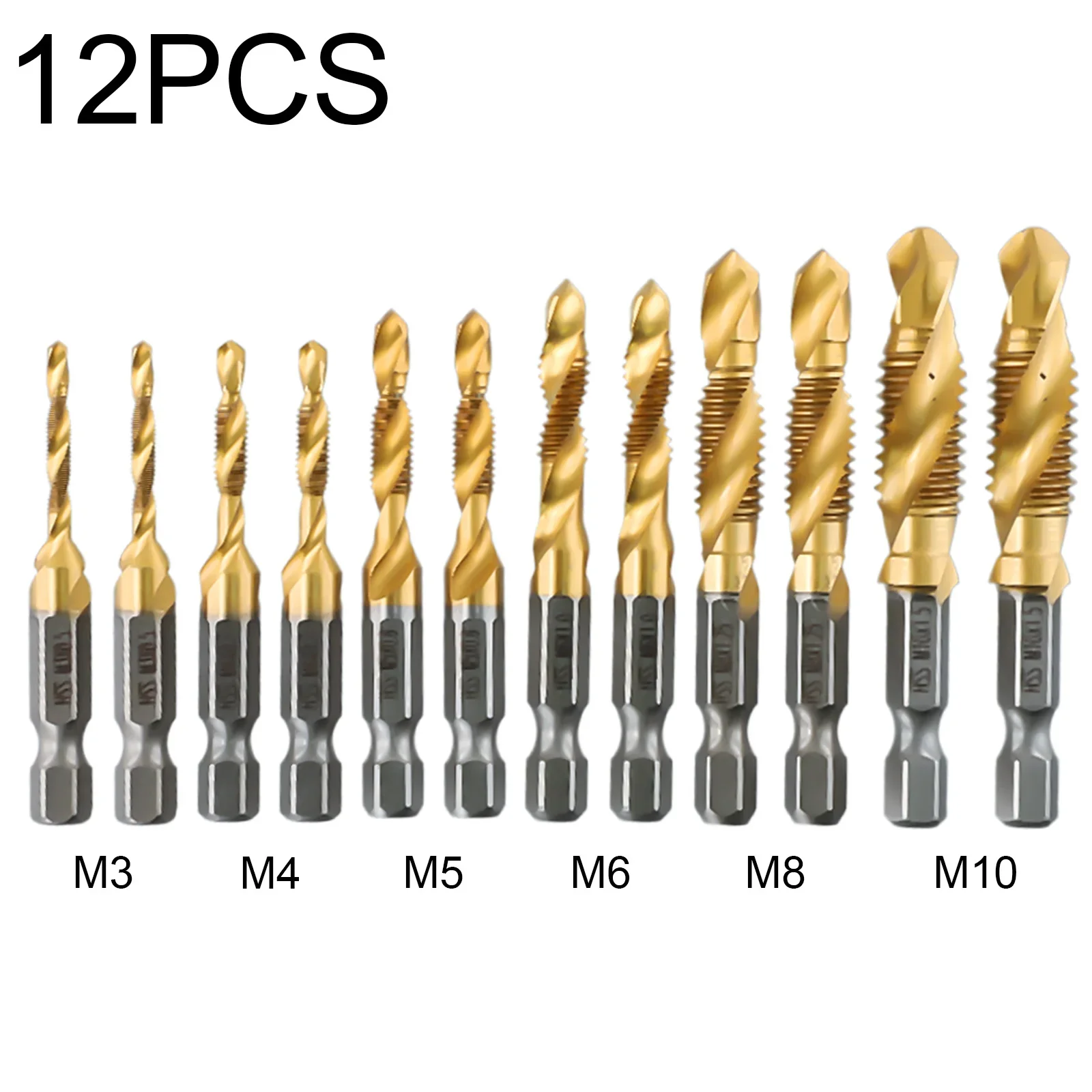 12pcs Tap Drill Bit To M10  Titanium Plated Hex Shank HSS Screw Thread Metric Compound Tap Hand Tools For Metal Wood