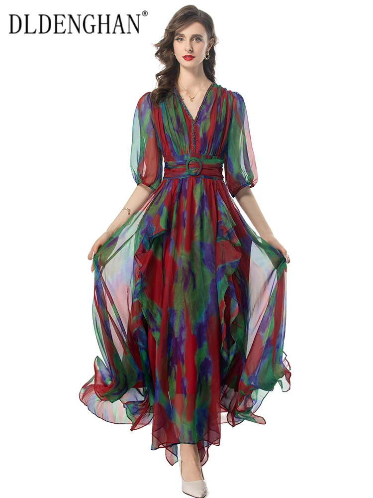 

DLDENGHAN Summer Long Dresses Women's V-Neck Lantern Sleeve Multi-color Print Elegant party Dresses Fashion Designer New