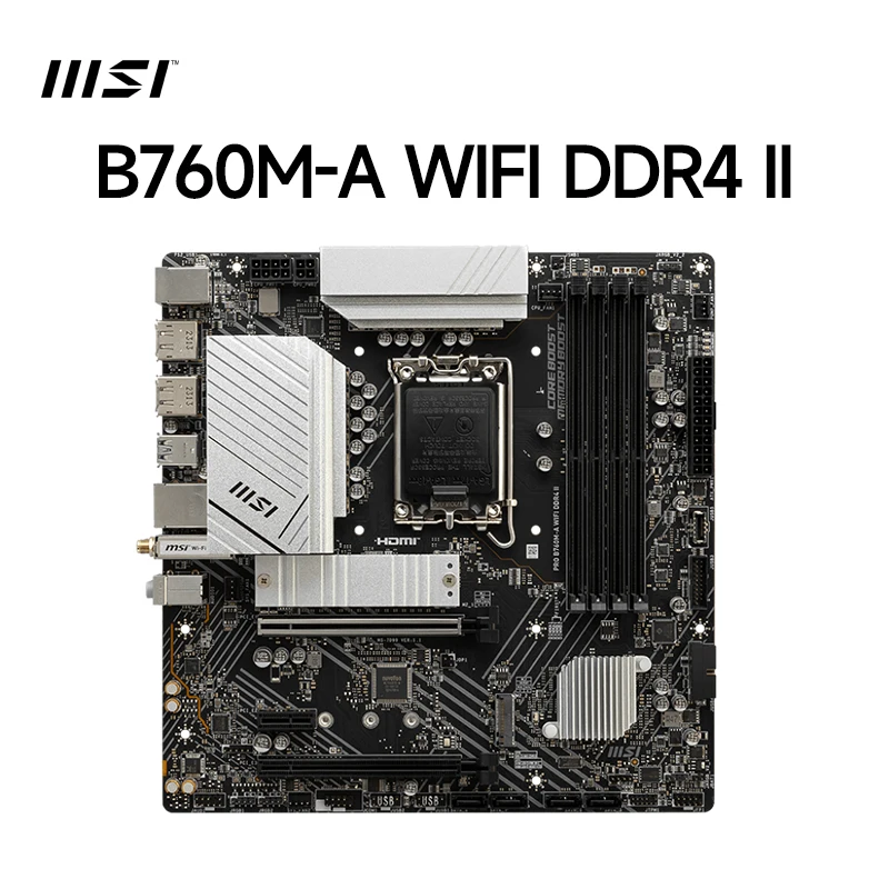 

Материнская плата MSI PRO B760M-A WIFI DDR4 II Intel B760 для DDR4 128 ГБ PCI-E 4,0 SATA3.0 M.2 Micro-ATX