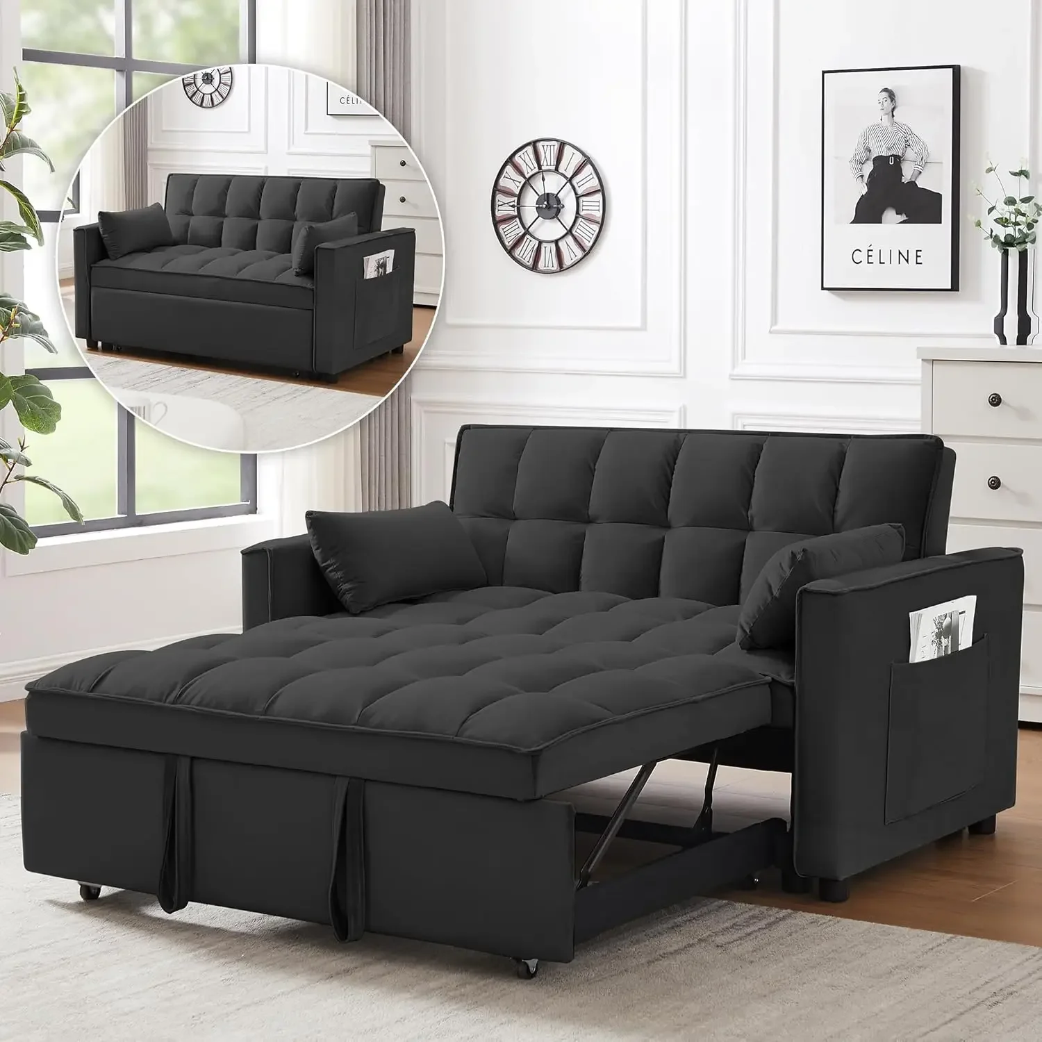 3 in 1 Convertible Sleeper Sofa Bed, Futon Couches for Living Room with Side Pocket  Adjustable Backrest Velvet Fabric