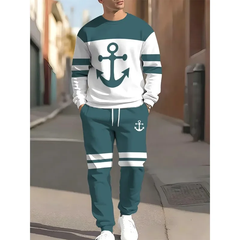 Men Round Neck Sweater Set 3D Pattern Printed Casual Comfortable Fashion Autumn Winter New Style Top and Pants Outfit For