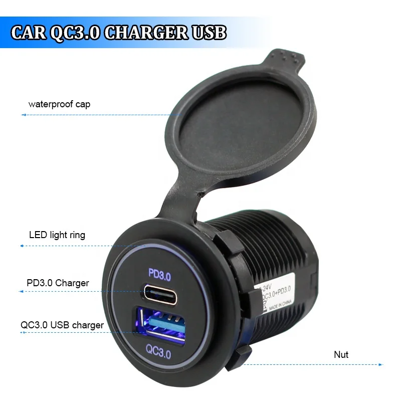 Install Usb Port In Car Fast Charging Usb C Pd 12V  Qc 3.0 And Type C Pd Dc 12V-24V Dual Usb Power Socket Outlet 22awg cable