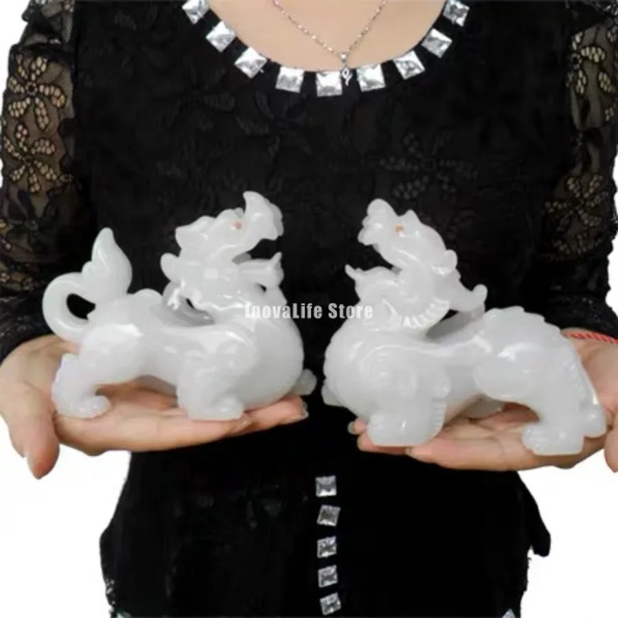 A Pair of Kirin Auspicious White Jade Imitation Pixiu Handicraft Furnishings Basin Kirin Sculpture Statue Home Decor Gift