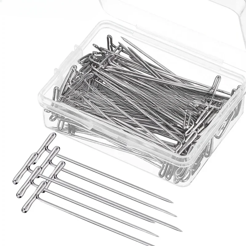 50Pcs Wig T Pins for Holding Wigs Silver 27-53mm Long T-pins Styling Tools For Wig Display Macrame Modelling with Box