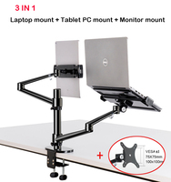 OL-3T Aluminum 3 in 1 Height Adjustable Desktop Dual Arm 17-32 inch Monitor Holder+10-17 inch Laptop Stand +14 inch Tablet Mount