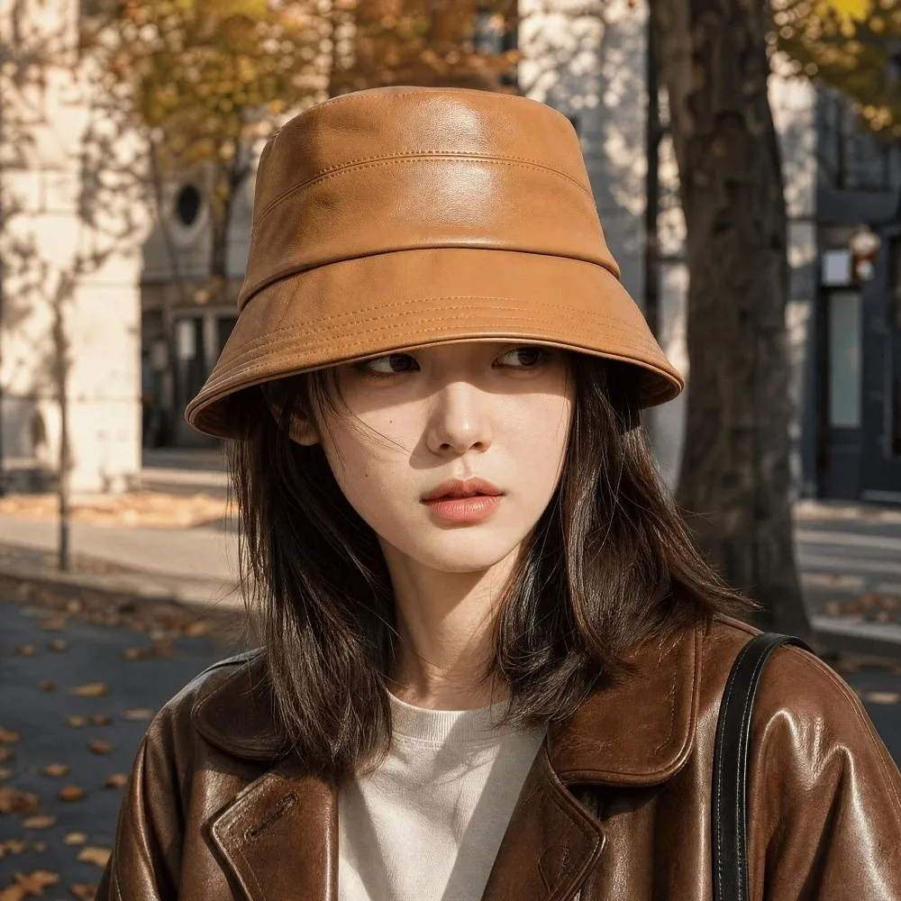 Casual Solid Color Sun Bucket Hat Packable Lightweight Wide Brim Hat Vintage Style Versatile PU Leather Hat Fall Winter