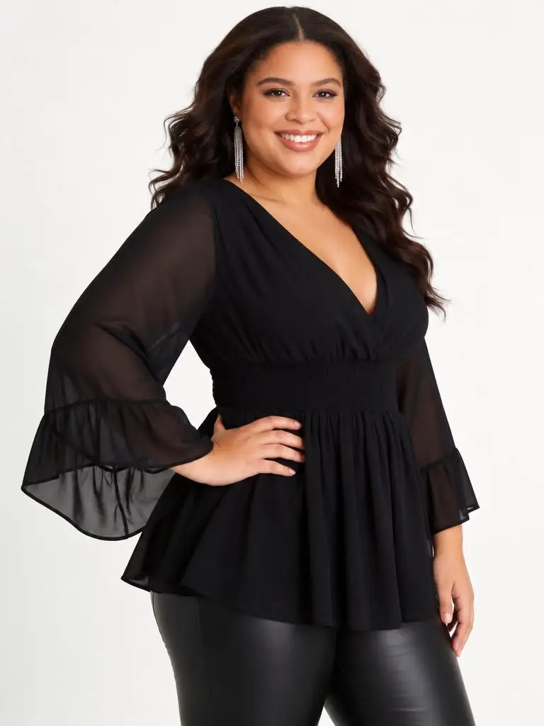 Blusa de mujer de talla grande con escote en V, falda acampanada con pliegues en la cintura y mangas abullonadas. Ropa de mujer moderna.