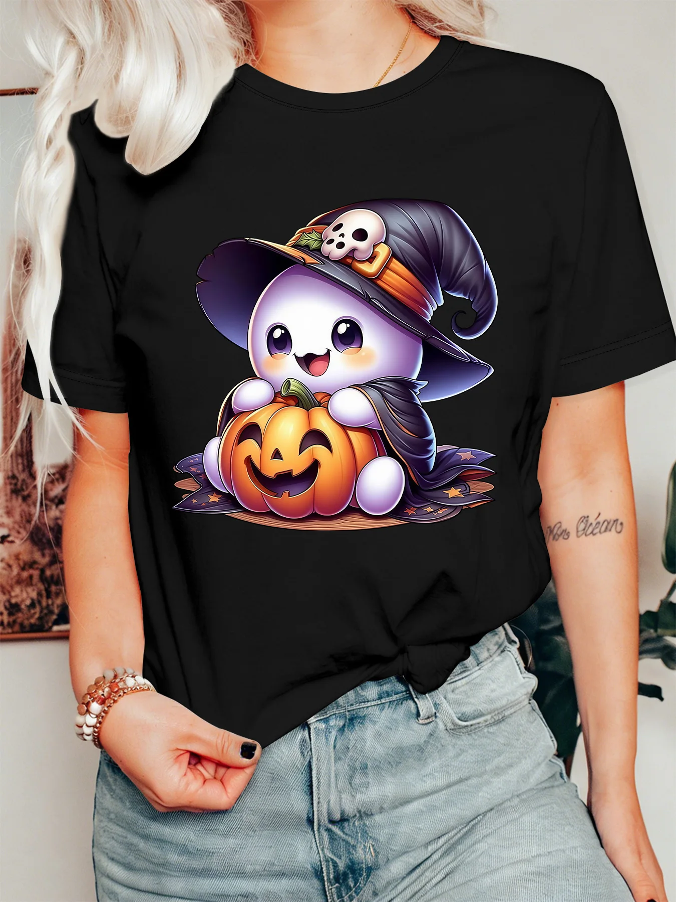 Cute Ghost With Witch Hat Pumpkin Womens Crew Neck Short Sleeve T Shirt Halloween Cartoon Spooky Casual Graphic Tees For Ladies