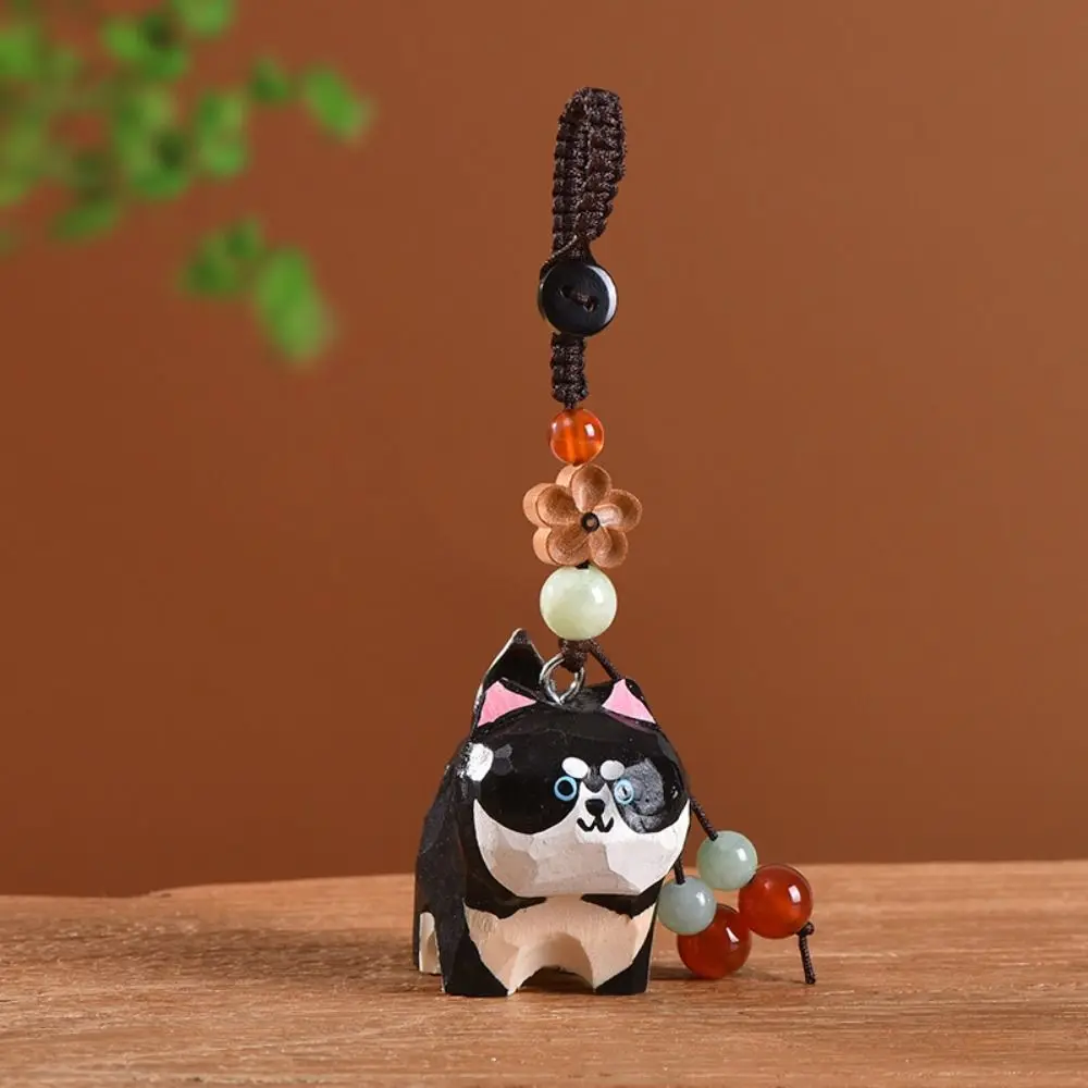 Funny Flower Wooden Carved Cat Keychain Siberian Husky Weave Rope Wood Dog Pendant Ornaments Cartoon Animal Corgi Dog Girl/Boy