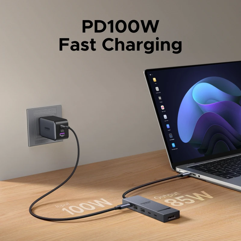 UGREEN DisplayPort USB HUB Type-C إلى DP 4K60 هرتز 10 جيجابت في الثانية منافذ بيانات USB-A/C PD100W شحن لأجهزة الكمبيوتر المحمول MacBook Samsung Dell Lenovo