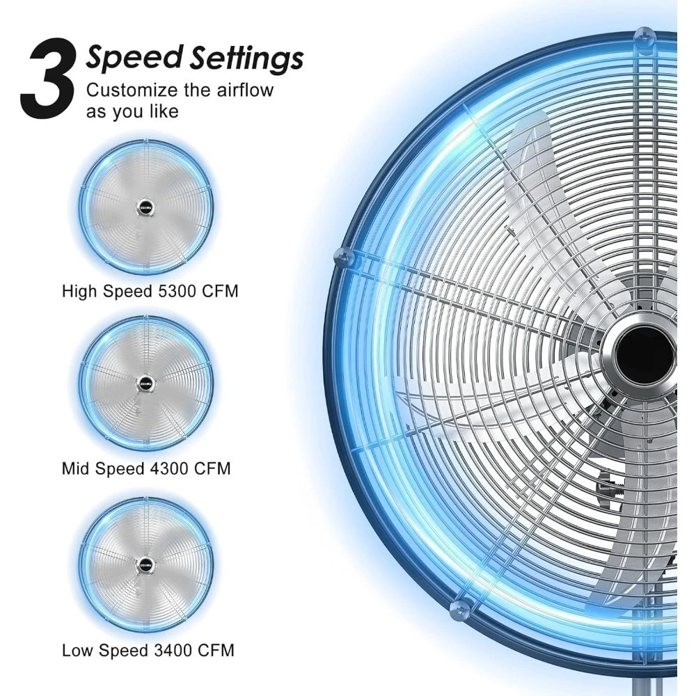 مروحة بقاعدة صناعية عالية الجودة 5300 CFM مقاس 20 بوصة عالية السرعة، مروحة قائمة متأرجحة احترافية ذات 3 سرعات مع رأس طبل - أفضل #2