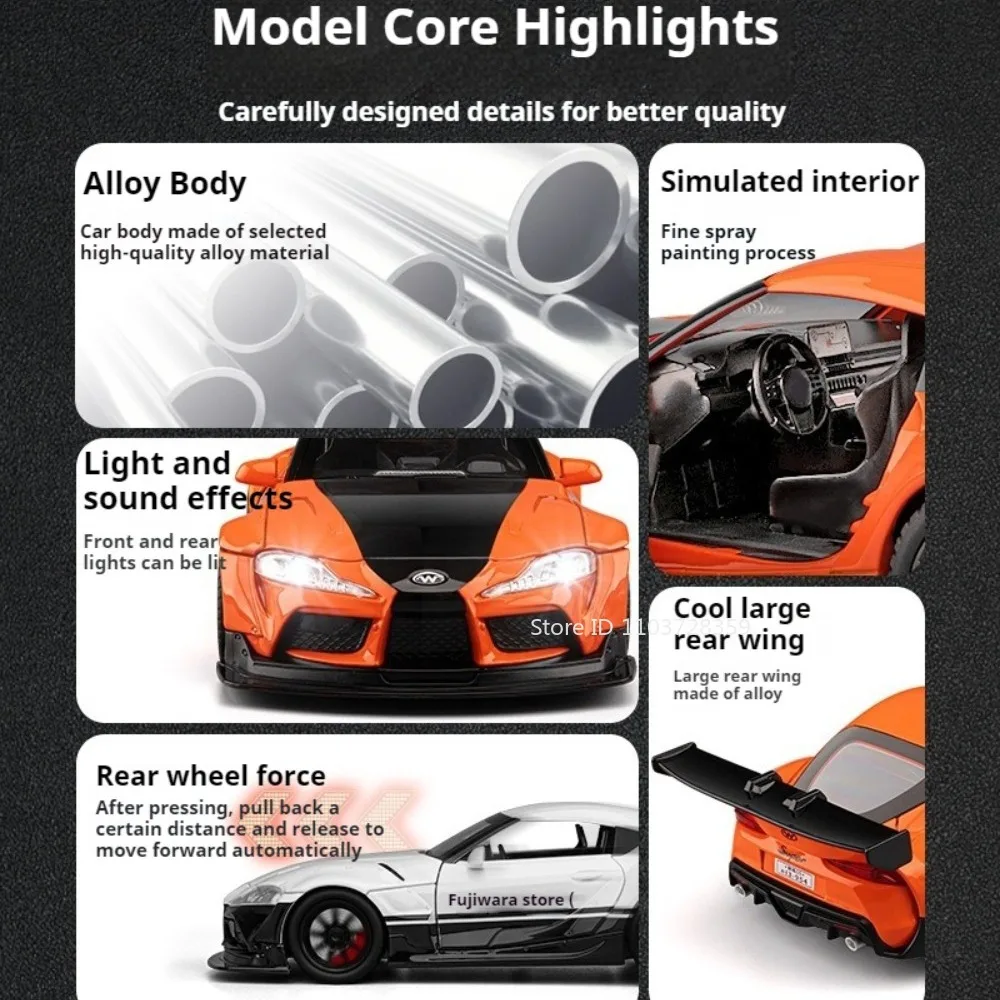 1:22 Supra Z4 Toy Miniature Model Supercar Alloy Diecast Sound Light Door Opened Pull Back Rubber Tires Model Ornament for Kids