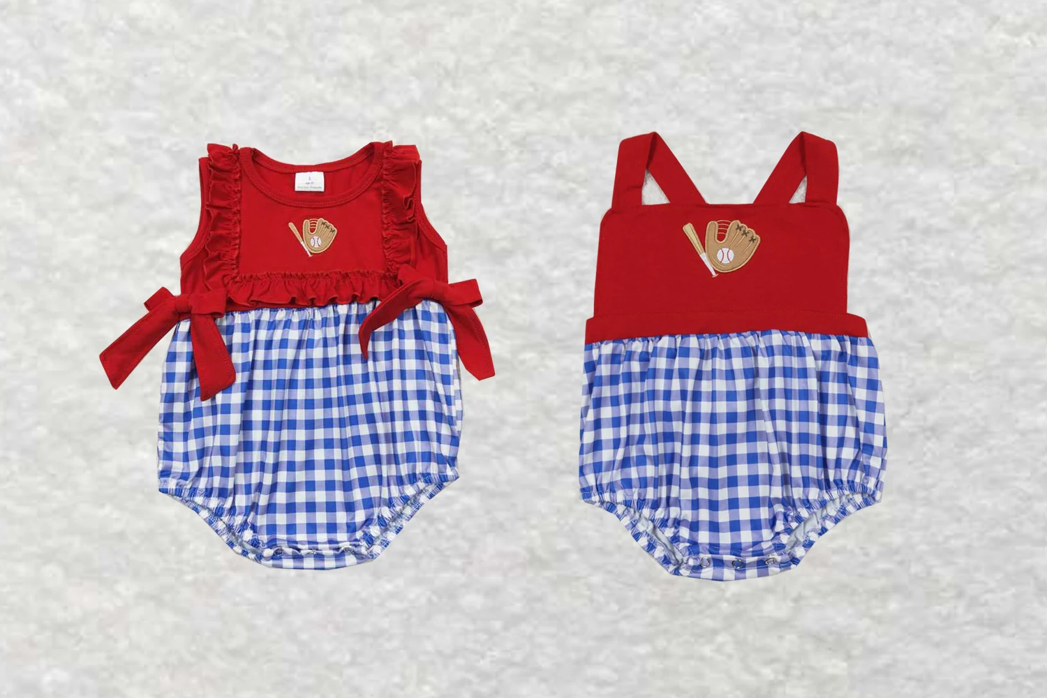 

Wholesale baby kids newborn children toddler clothes Embroidered baseball glove blue and white checkered red bow vest onesies