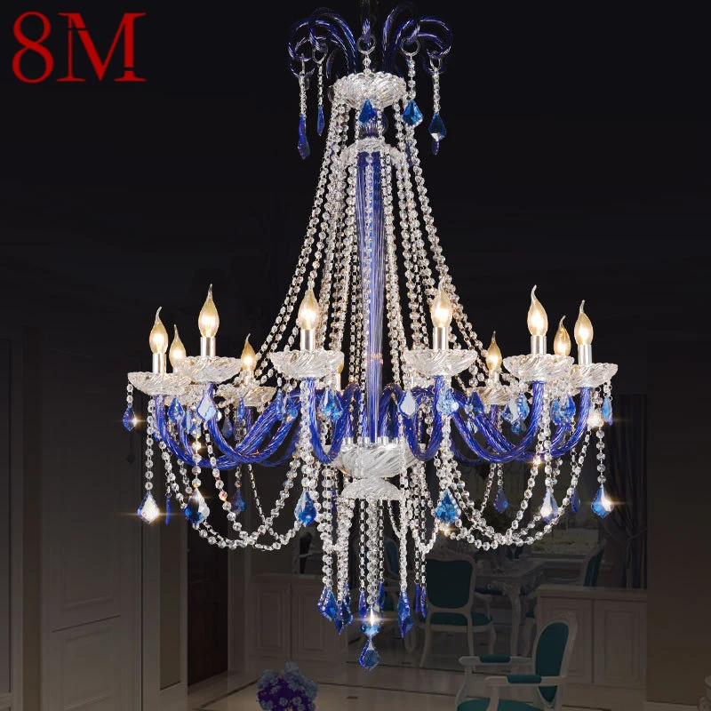 

8M European Style Crystal Pendent Lamp Blue Candle Lamp Living Room Restaurant Villa Staircase Duplex Building KTV Chandelie