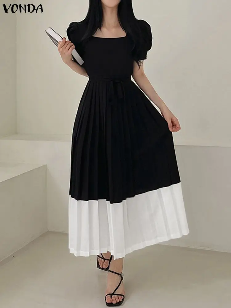VONDA élégant fête Maxi robes Sexy col carré manches courtes bouffantes couleur Patchwork robe d'été femmes ceinture longues robes