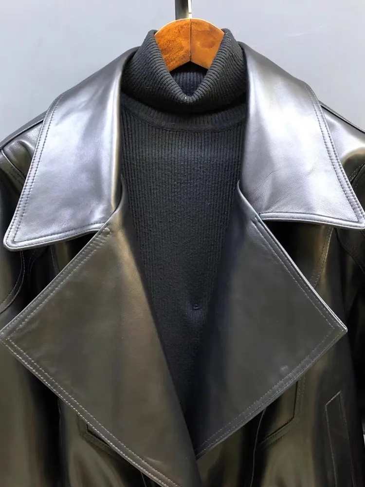 여성용 새 배트윙 슬리브 정품 가죽 짧은 재킷 진짜 양피 턴 다운 칼라 캐주얼 루즈 피트 지퍼 코트 봄 가을