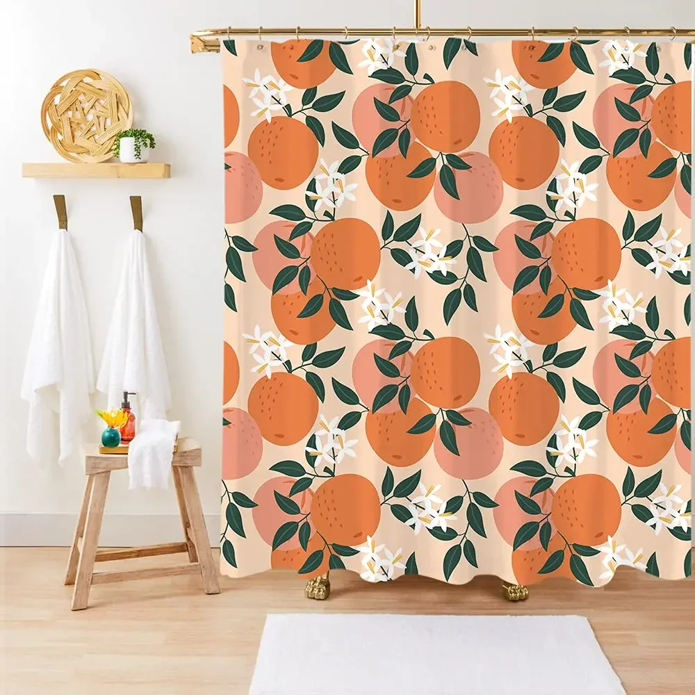 Orange Shower Curtains,Allover Fruits Shower Curtain Round Citrus Pattern Waterproof Fabric Bathroom Bath Curtain Sets with Hook