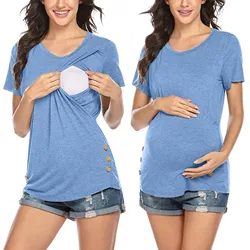 Pregnant Women T Shirt Maternity Summer Short Sleeve Side Button Crew Neck Tees Solid Color Nursing Tops For Breastfeeding New