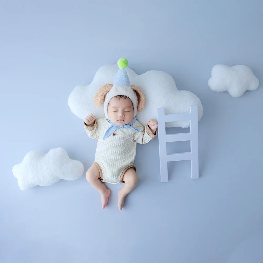 Newborn Milestone Photography Props Baby Romper+animal Ears Hat Set Cloud Cushion+mini Ladder for Studio Baby Growth Memory Prop