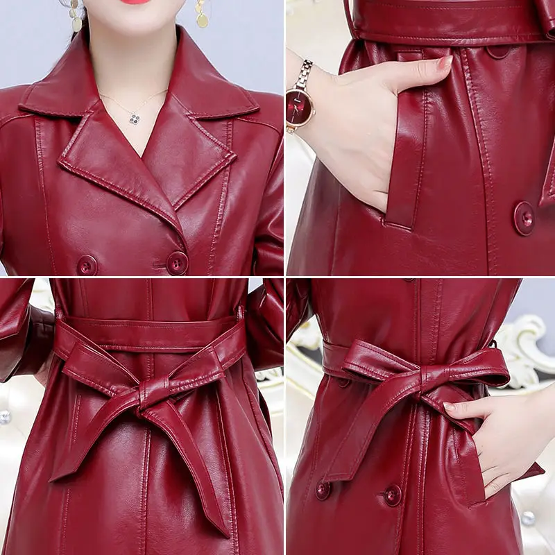 Autumn Winter Leather Jacket Women Big Size Double Breasted Leather Coat Women Long Trench Coat Belt 7Xl