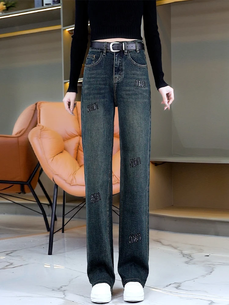 

Retro High Waist Slimming Straight Leg Denim Jeans Women's Autumn Winter New Style Casual Loose Fleece Narrow Version Wide Le...