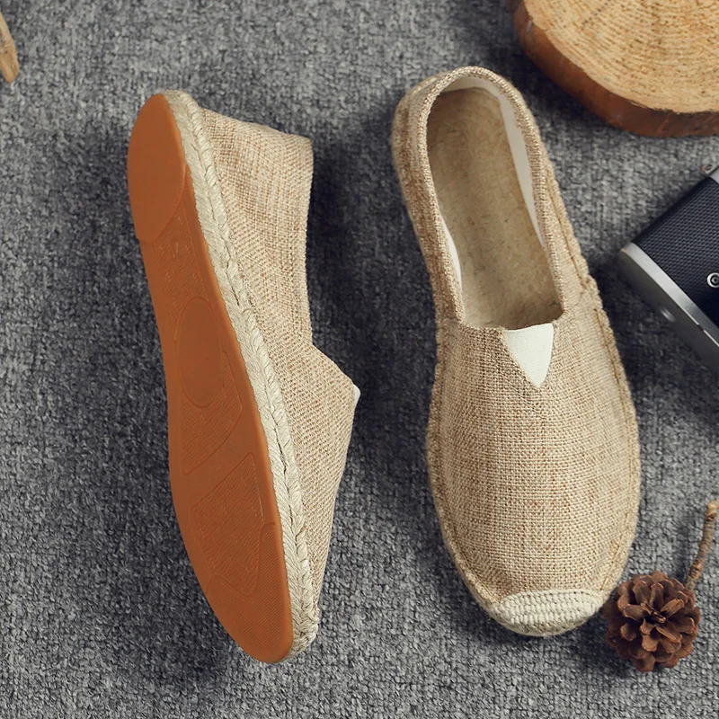 Sewing Flax Shoes Women Slip on Loafers Casual Shoes Man Espadrilles Hemp Canvas Flat Shoes Plus Size Fisherman Driving Footwear