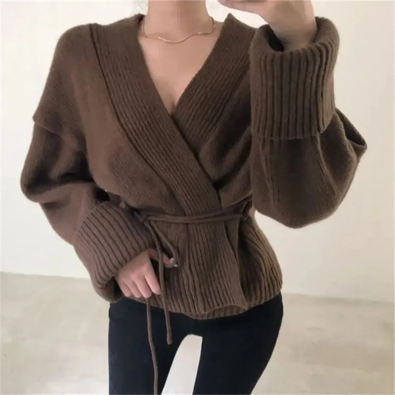 Autumn Casual Kintted Open Cardigan Jacket Coat Woman Lace-Up Sexy V-Neck Loose Cardigans New Fashion Short Knit Sweaters Khaki