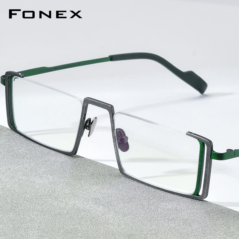 FONEX Titanium Eyeglasses Frame Men Brand Design Retro Square Glasses Vintage Half Rim Semi-Rimless Japanese Eyewear 85780