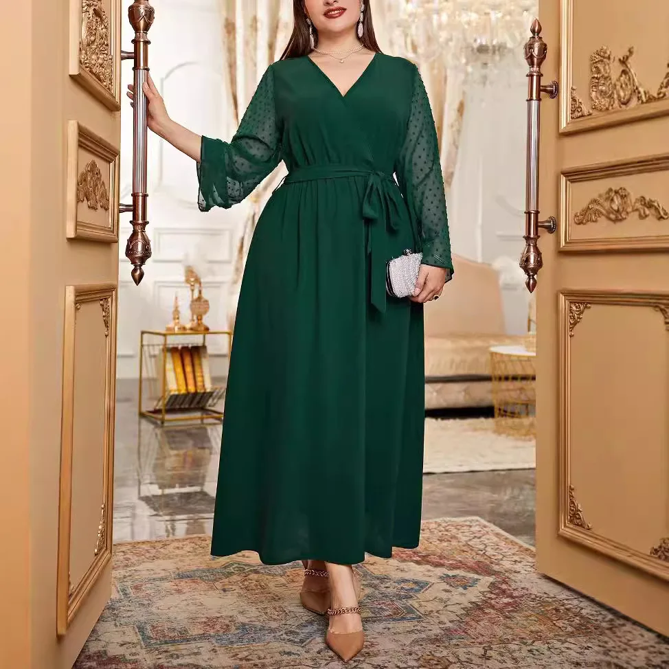 فستان أنيق برقبة على شكل حرف V وأربطة وأكمام طويلة من الشيفون مقاس كبير باللون الأخضر