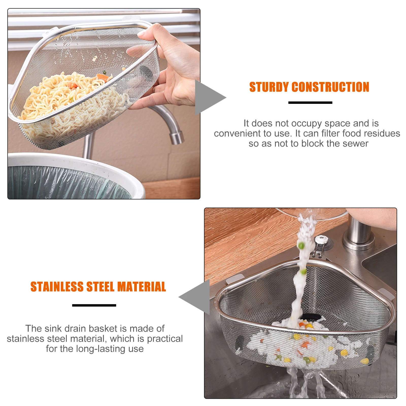 

Stainless Steel Drain Basket Sink Waste Filter Corner Strainer Sink Food Waste Strainer Practical Long Lasting