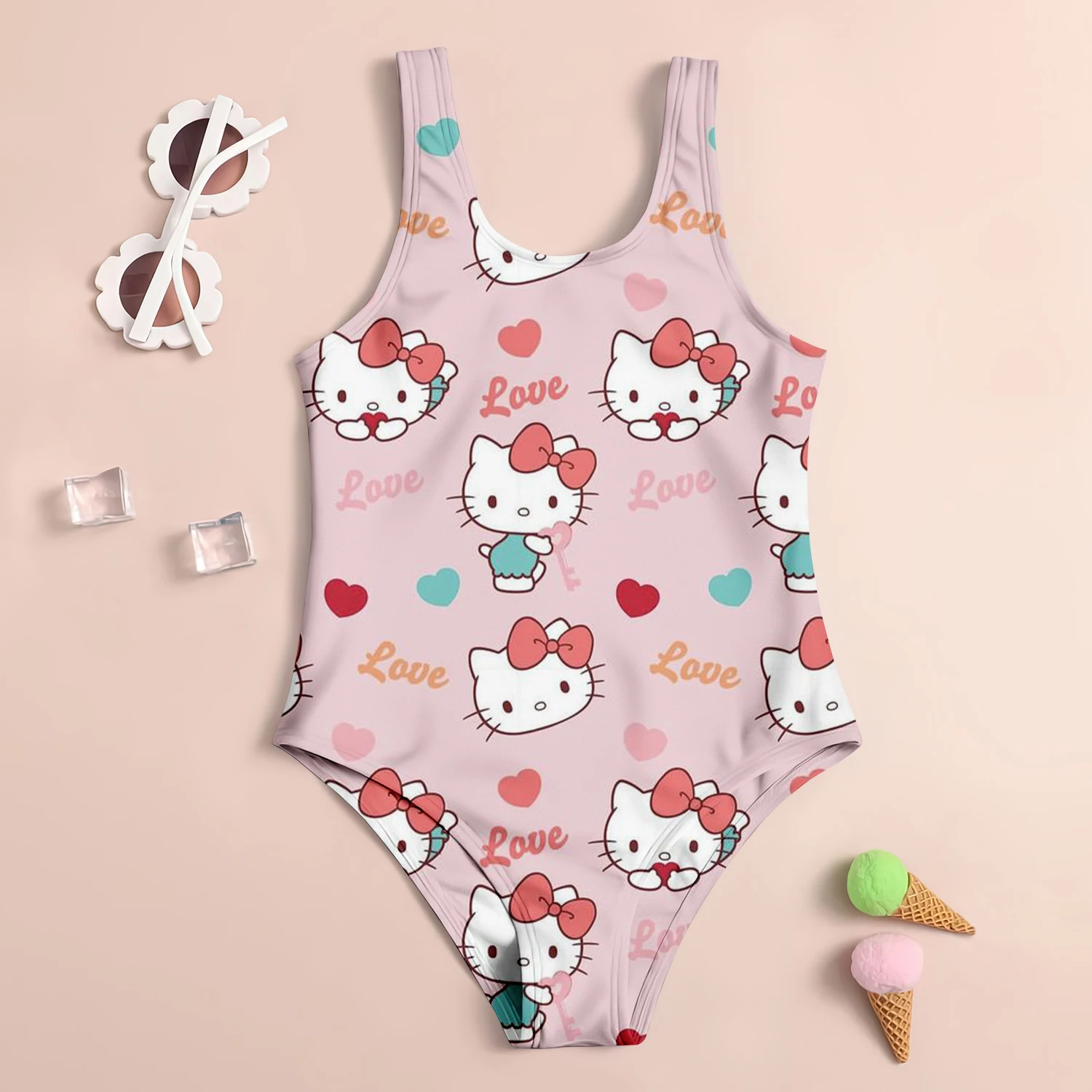 MINISO Summer Girls Swimsuit Children\'s Swimsuit 3D Printed Hello Kitty Cartoon Fashion Beach Skirt Holiday Children\'s Clothing