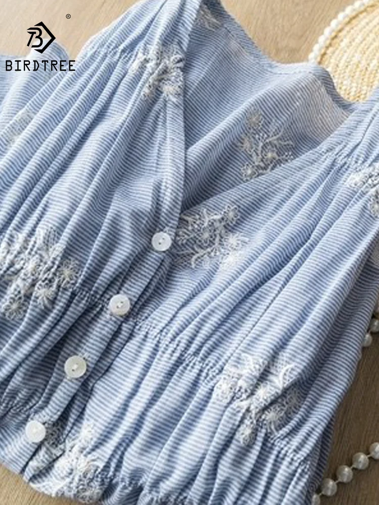 

New 2026 Summer Women Cotton 3/4 Sleeve Shirt, V Neck Embroidery Folds, Mori Girl Preppy Style Casual INS Loose Blouse T64888CC